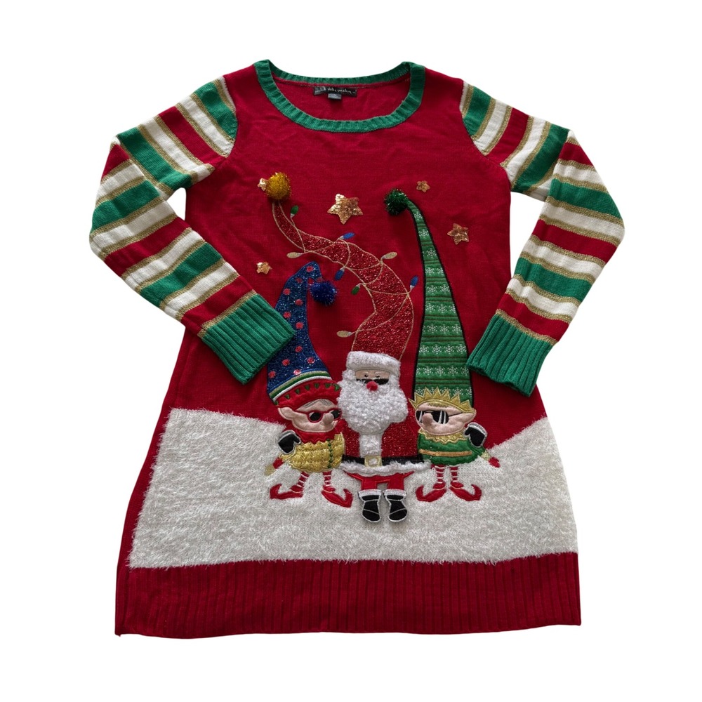 United States Sweaters Holiday Dress Women Medium Red Santa Elf Sequin Ugly